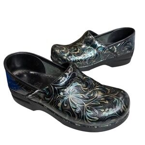 Dansko Professional Clogs Black Blue Damask Patent Comfort Shoes Nursing Career